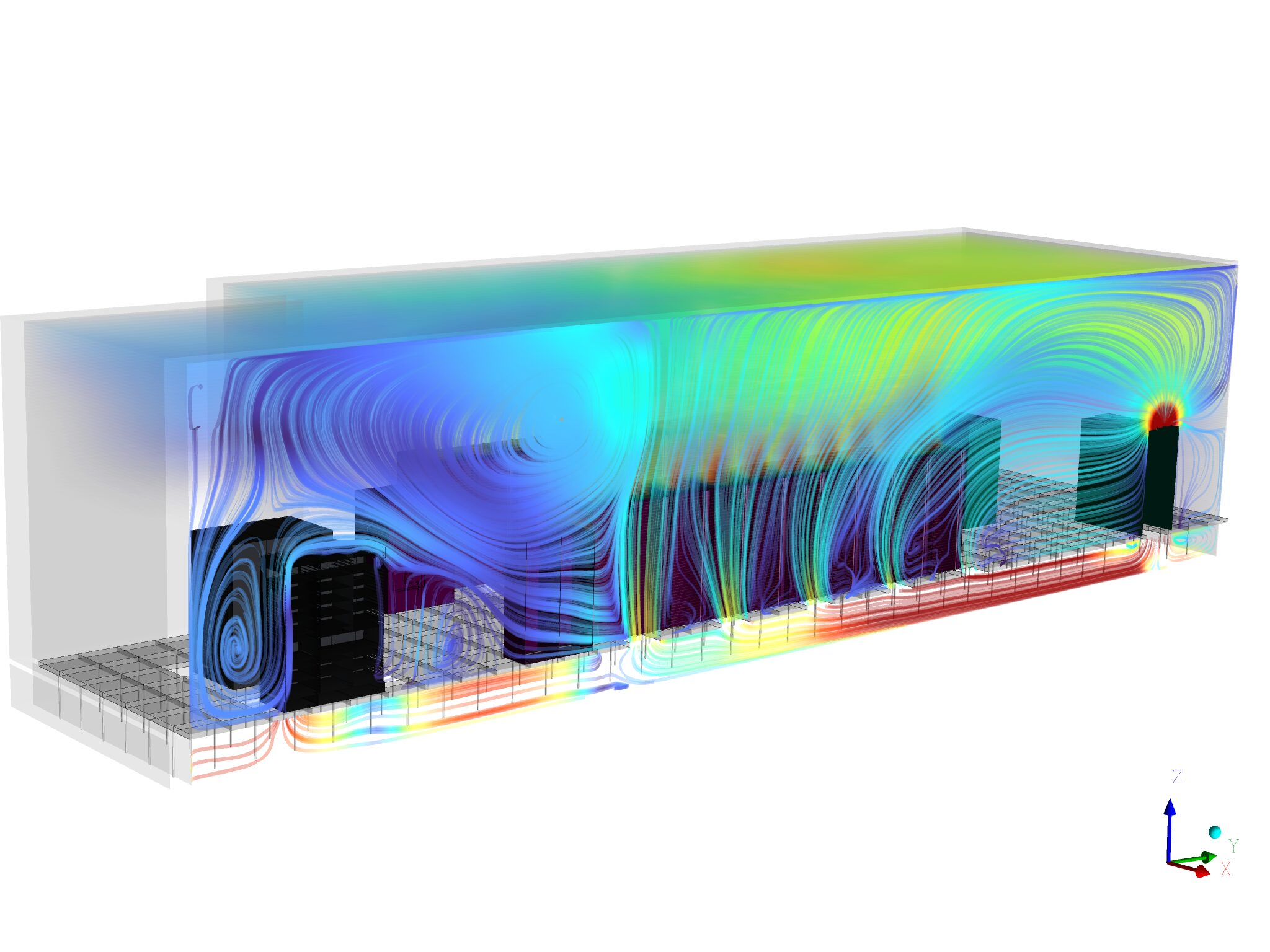 Vue des flux d’air intérieurs lié aux échanges thermique à l’intérieur des baies informatiques<br />
